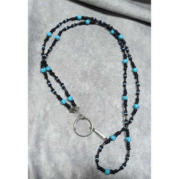 Black And Faux Turquoise Glass Beaded Lanyard - Picture 4 of 5